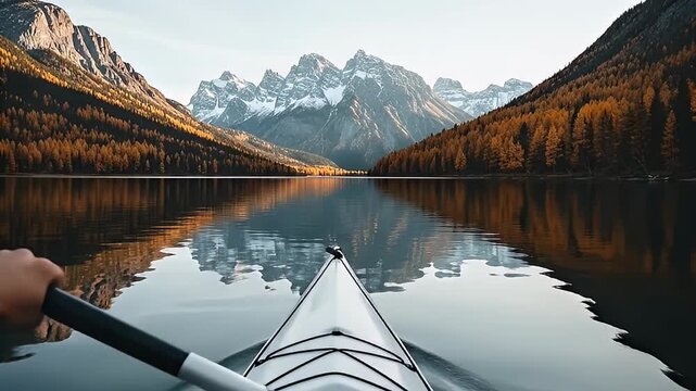 Kayaking on a Serene Lake with Mountain Scenery