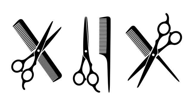 Black and white illustration of barber tools scissors and combs arrangement