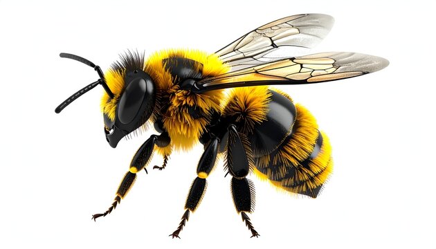 Detailed close-up of a vibrant yellow and black bumblebee.