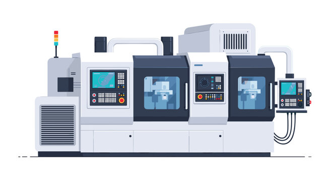 Large industrial CNC milling machine with digital control panels and transparent doors for metal part manufacturing.