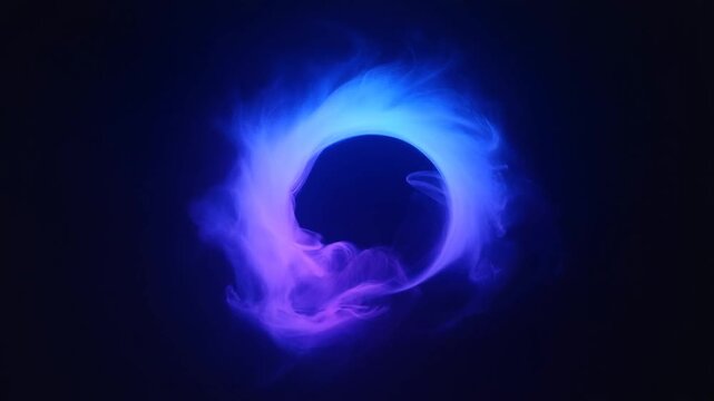 Slow motion tracking shot of glowing energy ring swirling and expanding on dark studio background with violet and blue smoke