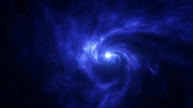 Slow zoom in on glowing blue nebula swirling into bright vortex within deep interstellar space galactic cloud cosmic gas spiral formation panoramic view