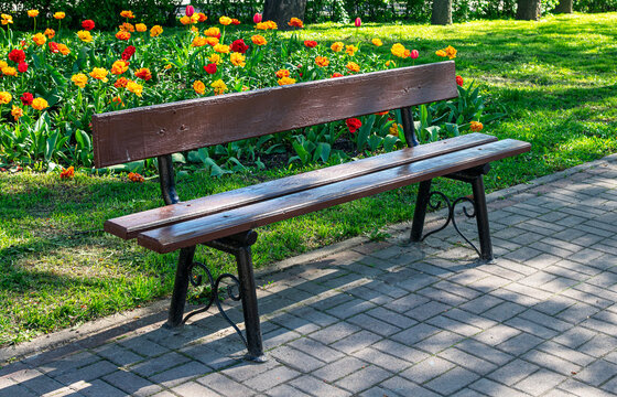 A painted bench in a city park against a backdrop of spring flowers.