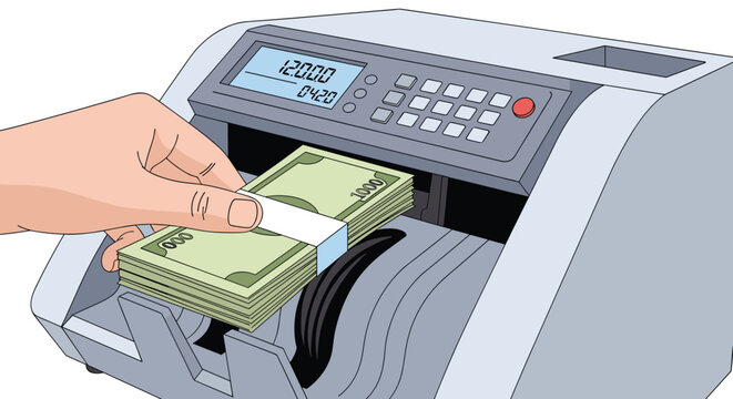 Close-up of a hand placing a stack of dollar bills into an electronic money counting machine for quick currency processing.