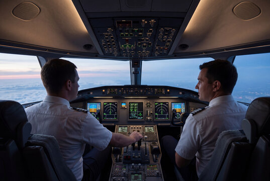 Two pilots in modern aircraft cockpit during flight at sunset