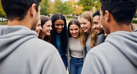 Fototapeta premium Diverse Group of Young Adults Smiling and Engaging in Fun Conversation Outdoors in Casual Attire