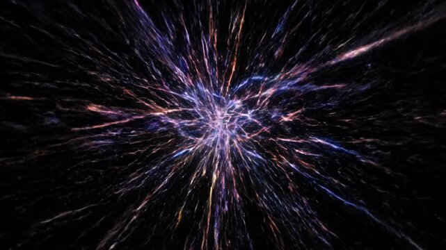 Abstract image of multicolored light streaks radiating from a central point against a black background