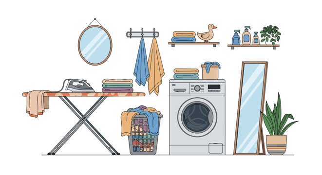 Modern laundry room interior design featuring an iron board washer machine laundry basket and indoor plants for home organization.