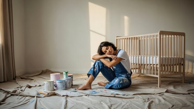 Pregnant Woman in Overalls Sitting on Floor in Nursery with Paint Cans and Crib