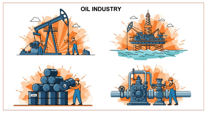 Educational illustration of the oil industry featuring drilling rigs pumpjacks workers and barrels for energy production concepts.