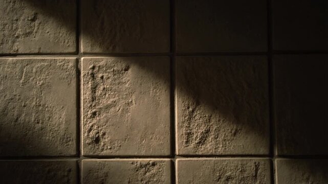 Brown concrete block wall with sunlight casting shadows on surface