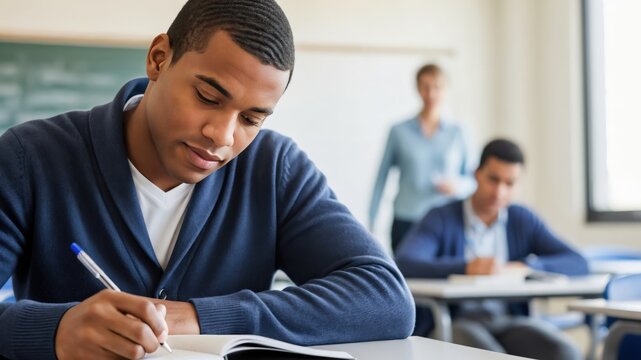 Young Male Student Writing in Classroom with Teacher and Classmates Present