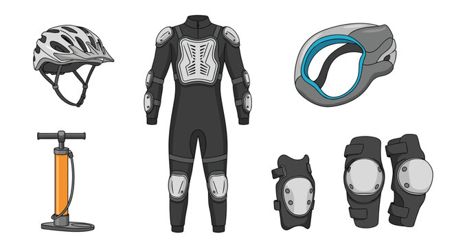 Collection of protective sports equipment including a specialized suit, helmet, joint pads, and a manual air pump for maintenance.
