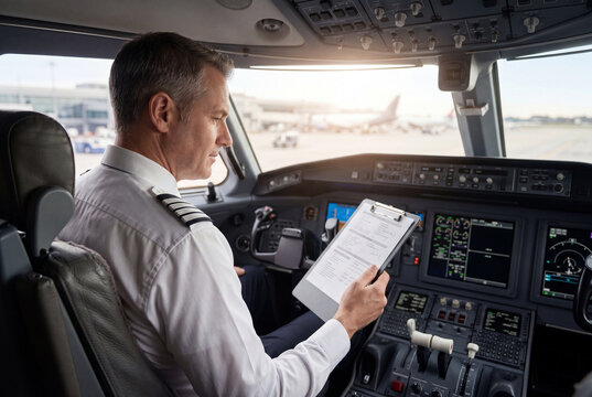 Airline pilot reviewing preflight checklist in modern aircraft cockpit