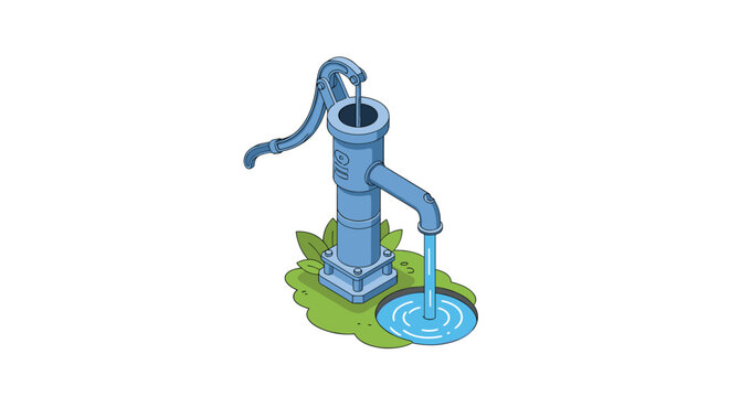 Classic manual water pump illustration standing on a grassy patch and pouring water into a circular basin.
