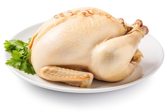 Boiled whole chicken dinner plate food.