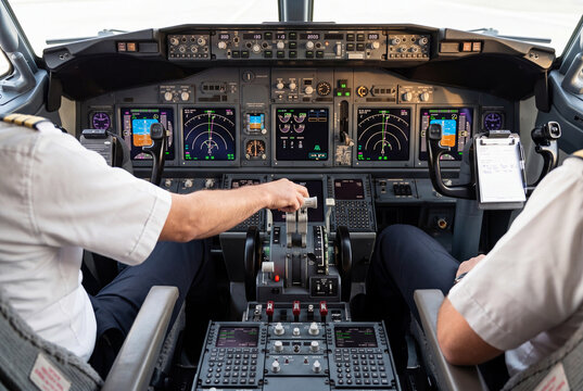 Modern aircraft cockpit controls and instrument panel during flight preparation