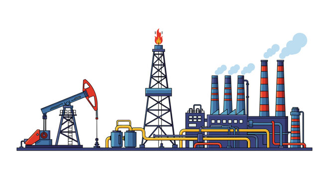 Wide panorama of an industrial oil refinery plant with multiple chimneys, distillation towers, and extraction pumpjacks.