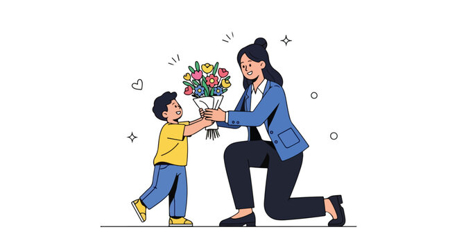 A woman kneeling and offering a bouquet of colorful flowers to a young boy in a cheerful outdoor setting