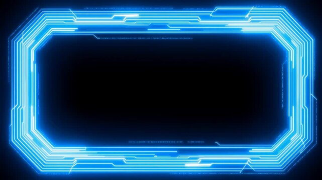 Tracking shot of glowing blue circuit border shifting and pulsing on black digital interface screen in triptych display