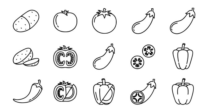 Nightshade vegetables outline icon set with potato tomato eggplant and sliced variants in clean grid isolated on white