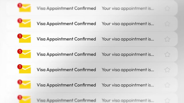 Visa appointment confirmation email alerts with unread messages and yellow envelope icons in 4k animation