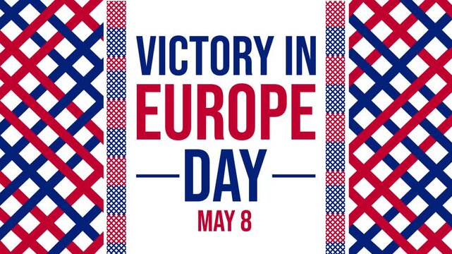 Victory in Europe Day May 8 Celebration Banner with Red and Blue Geometric Design on White Background