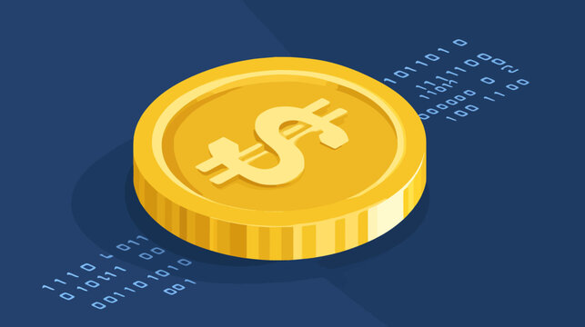 Isometric graphic of a gold coin with a dollar sign, binary code, and a shadow on blue background