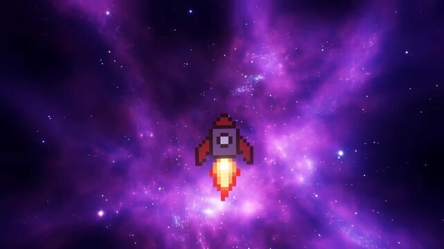 Tracking shot of pixel rocket spaceship flying forward through purple nebula galaxy background with slow dolly motion retro game sprite moving toward viewer