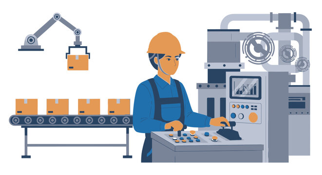 Factory worker operating machinery with automated production line vector illustration