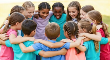 Fototapeta premium Group of Diverse Children Engaging in Team-Building Activities at Outdoor Playtime
