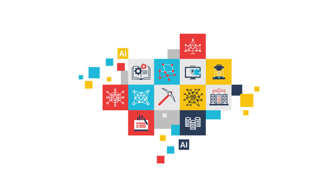 Abstract composition of colorful square icons representing AI, machine learning, data mining, and digital communication.