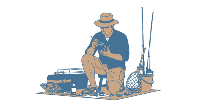 Man preparing fishing gear outdoors with rods and tackle box vector illustration