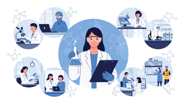 Scientific research concept with a female scientist holding a flask surrounded by vignettes of laboratory work and experiment processes.