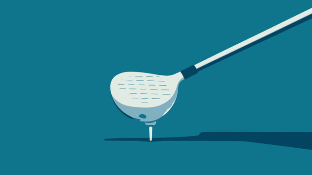 Illustration of a golf club head on a tee, over a blue background. The club casts a shadow