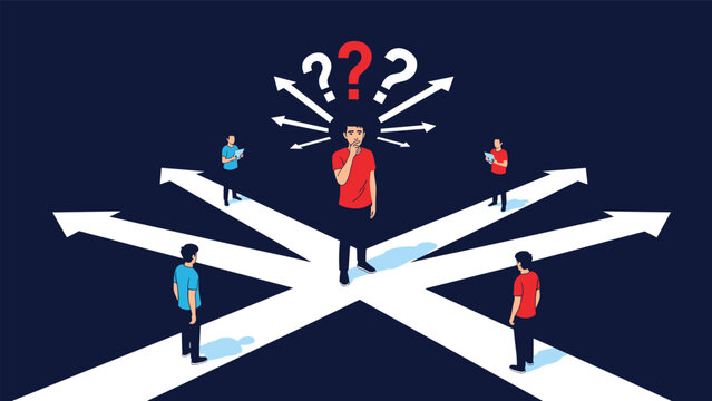 Man standing at a complex crossroad intersection with many directional arrows and people representing life choices and paths illustration.