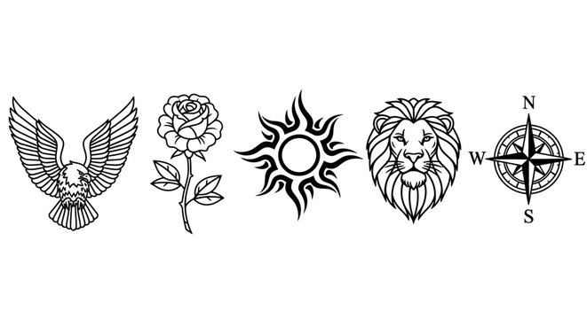 Black and white vector illustrations of eagle rose sun lion and compass