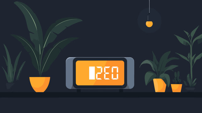 Digital alarm clock displays time amidst various potted plants under a dim hanging light