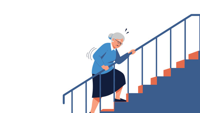 Elderly woman with back pain struggling to climb up blue stairs representing aging health challenges and mobility issues illustration.