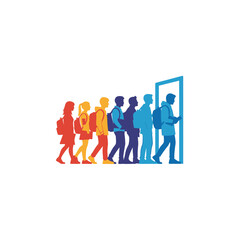 Fototapeta premium Colorful silhouettes of students with backpacks entering a doorway