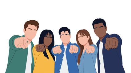 Fototapeta premium Group of diverse people pointing their fingers directly at the viewer representing choice selection or recruitment call illustration.