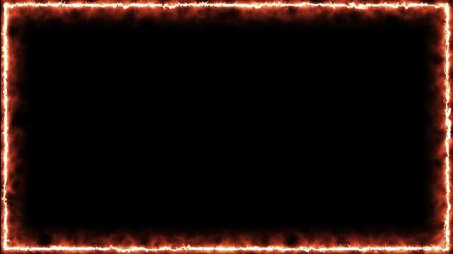 Glowing fire rectangular frame on black background, burning orange flame border for cinematic video effects and graphic design, hot intense energy element 4K resolution video.