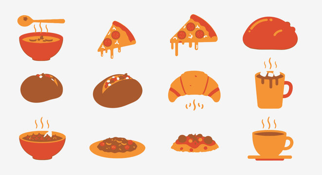 Assortment of delicious food icons pizza soup coffee and more