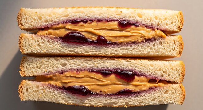 Two halves of a peanut butter and jelly sandwich on whole wheat bread. burro arachidi