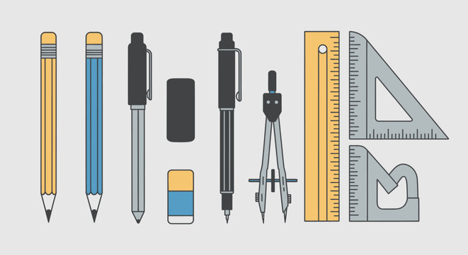 Assorted drawing tools illustration for creative design and education concepts