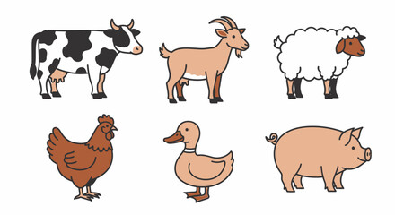 Fototapeta premium Cartoon farm animals illustration set isolated on white background