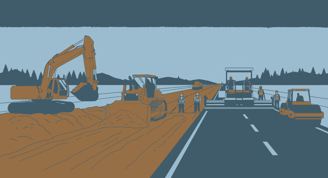 Road construction scene with heavy machinery and workers under cloudy sky