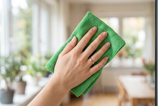 Hand wearing ring wiping clear glass window with green cloth