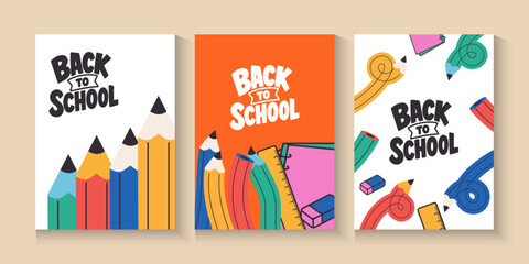 Welcome back to school clipart poster, cards, bannner set design. Back to school greeting cover collection in paper colorful grid space background with educational flat elements and copy space. © bodonk