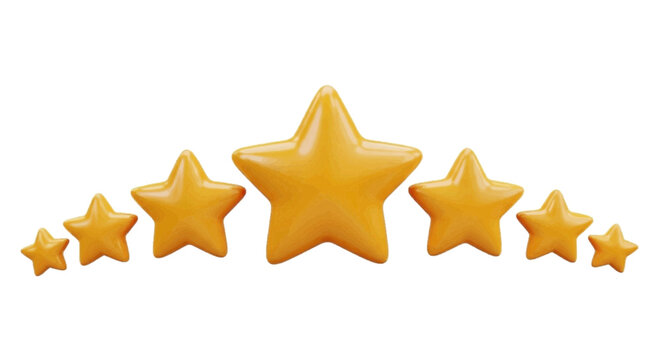Vector illustration&nbsp;of 3d render of seven glossy yellow stars arranged in a row on a transparent background